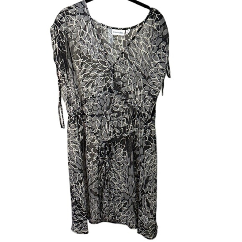 St. John's Bay 1X Sheer‎ Gray Black Floral Tunic Dress Lightweight Blouse Top